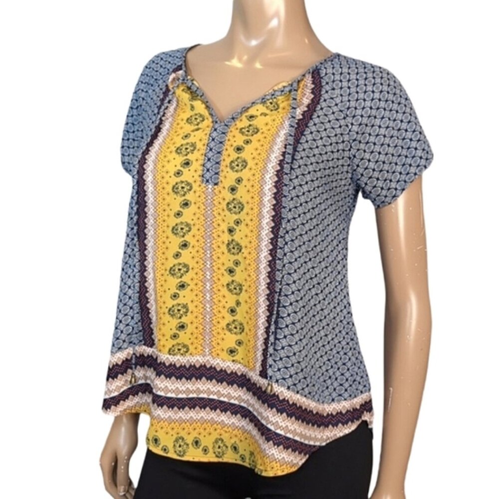 💠 George Short Sleeve Boho Blouse Womens Size XS Blue Yellow Vneck Top